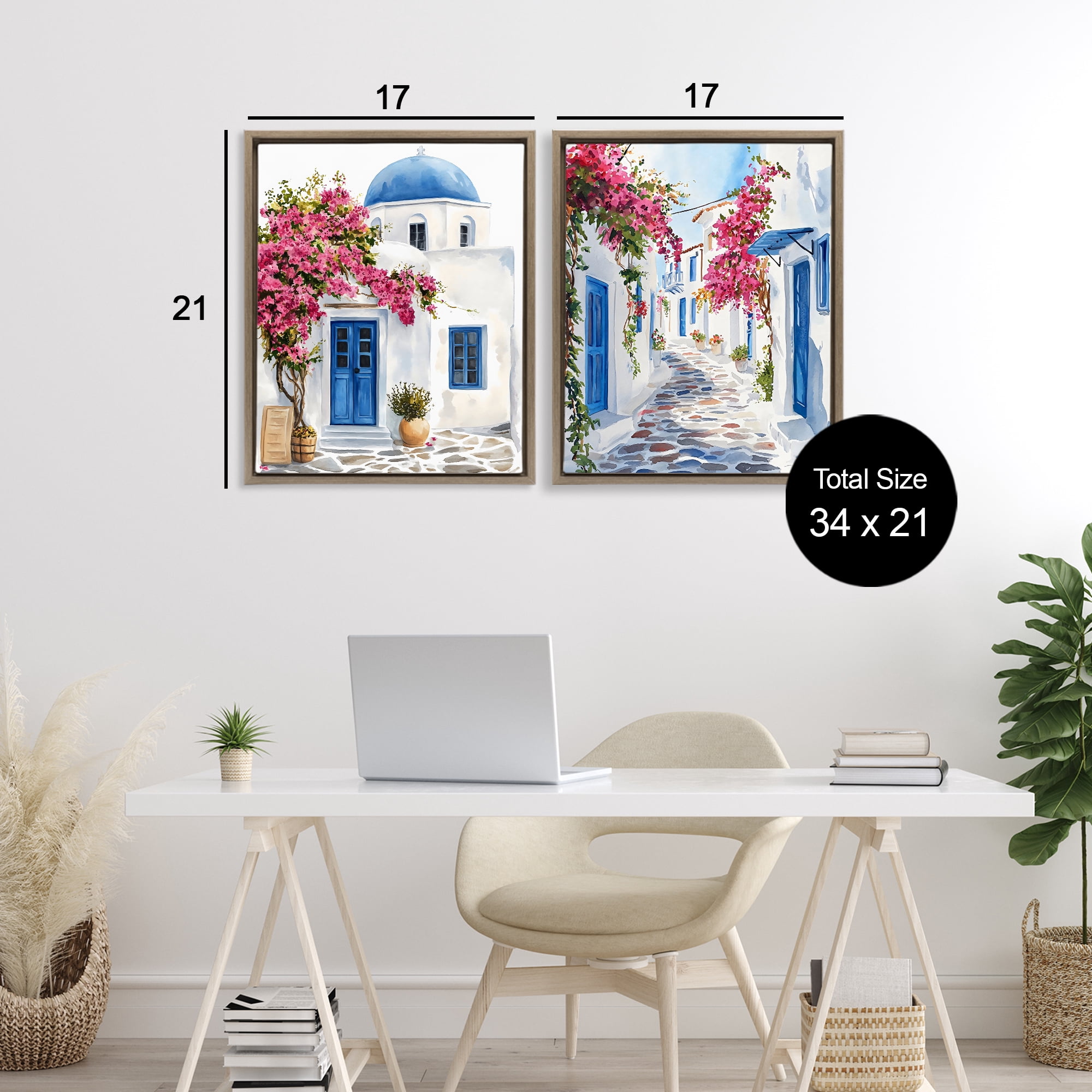 Stupell Industries Santorini House with Pink Tree 2 Piece Brown Framed Floater Canvas Set, design by LSR Design Studio