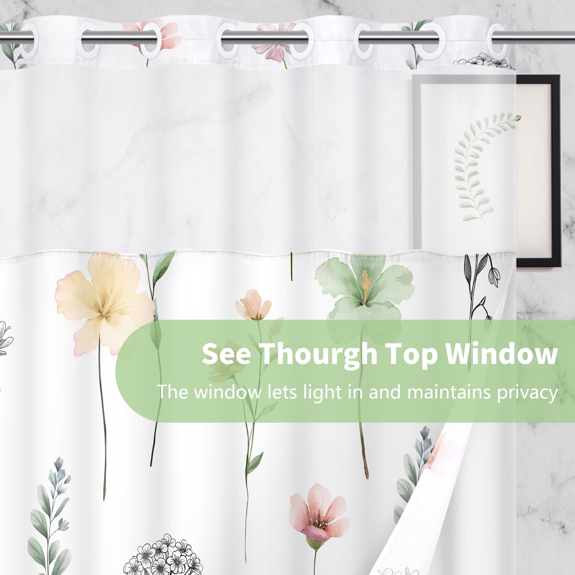 Ikfashoni Hookless Shower Curtain with Snap in Liner, Green Watercolor Flowers No Hook Waterproof Bath Curtain, 71"X74"