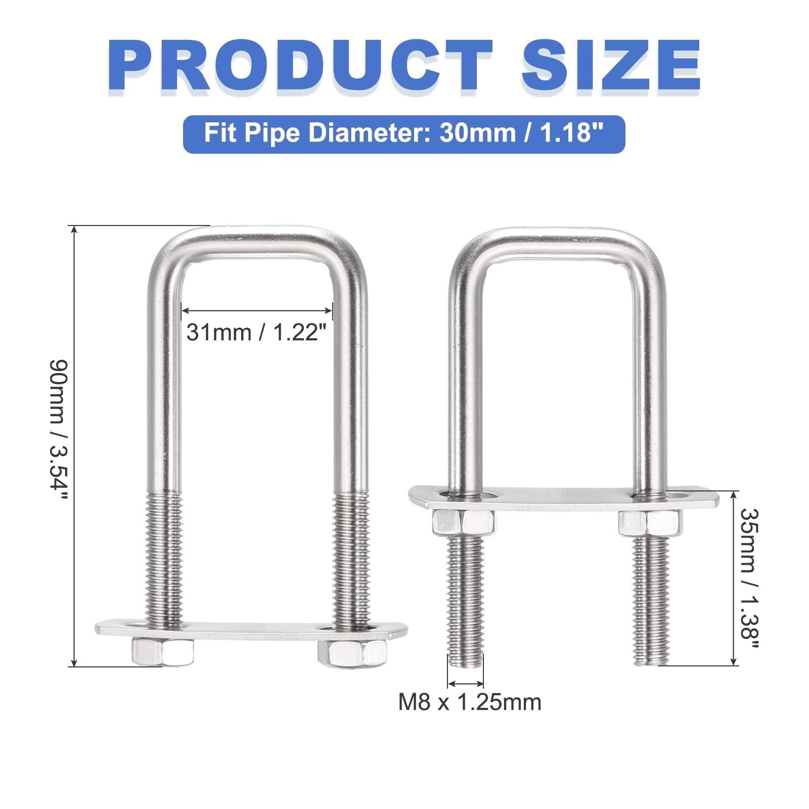 Uxcell 6 Sets M8 Square U-Bolts, 1.22" Inner Width 3.54" Length 304 Stainless Steel U Clamp Bolts with Nuts, Plates and Wrench