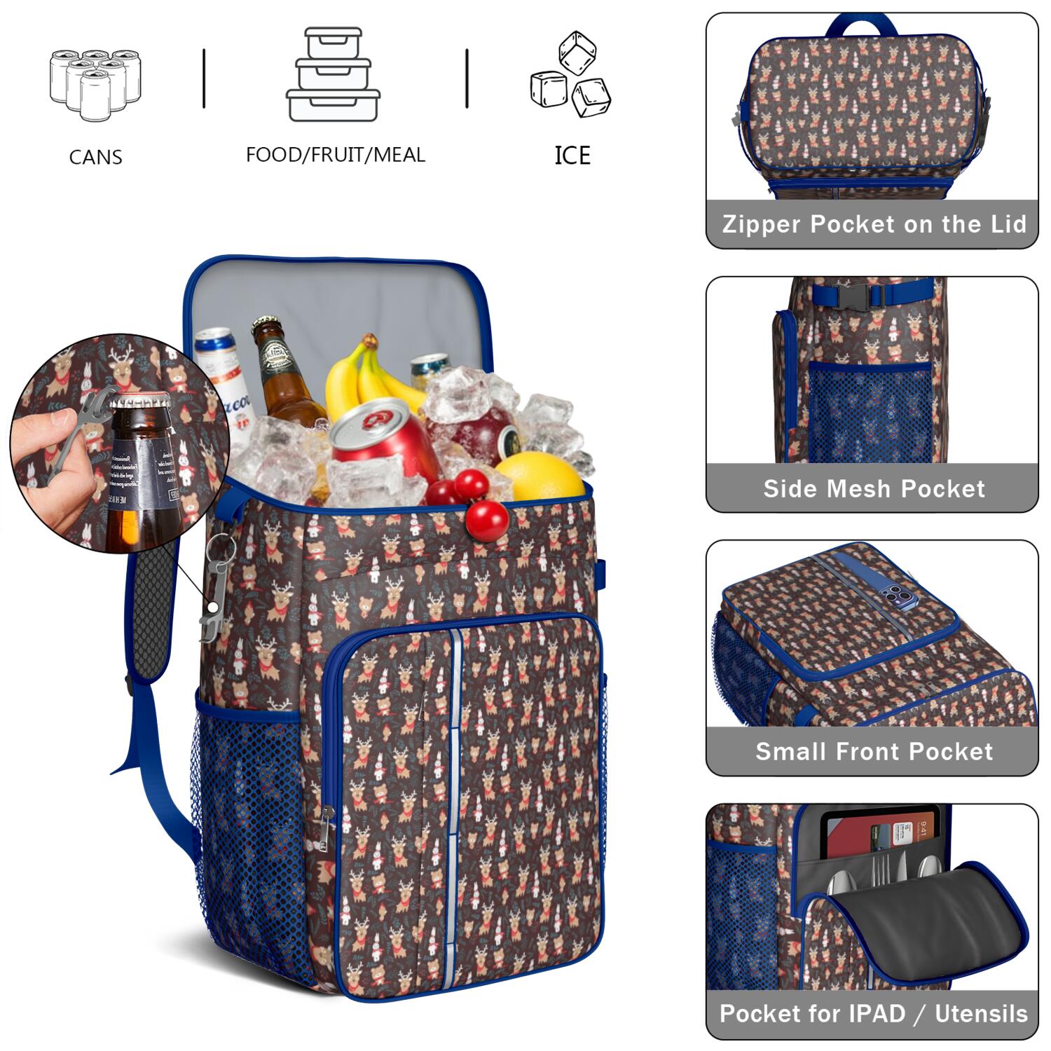 Travel Cooler Bag - Dark Christmas Animal Pattern Camping Beer Cooler Backpack with Bottle Opener- Waterproof Insulated Picnic Backpacks - Cooler Bag for Beach