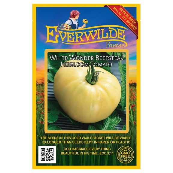 Everwilde Farms - 50 White Wonder Beefsteak Heirloom Tomato Seeds - Gold Vault Seed Packet