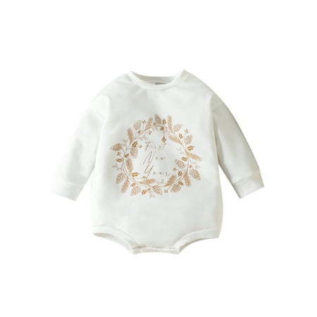 

sdghg Baby Boys Girls Romper Long Sleeve Crew Neck Fireworks/Wreath Print Bodysuit for New Year