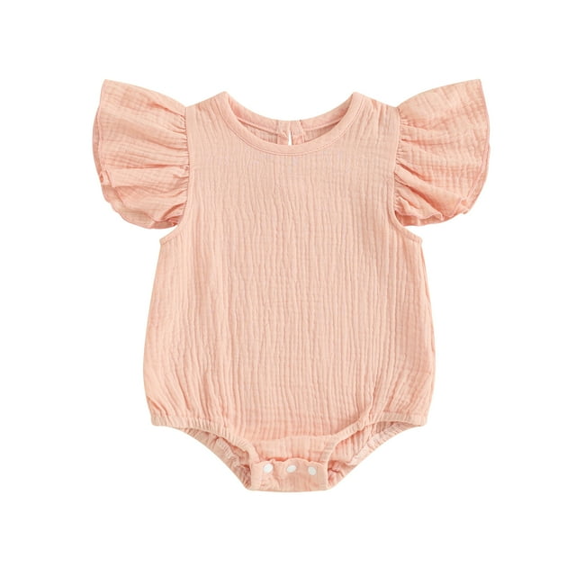 Gupgi Solid Color Rompers for Baby Girls Round Neck Fly Sleeve Bodysuits Infant Summer Bodysuits