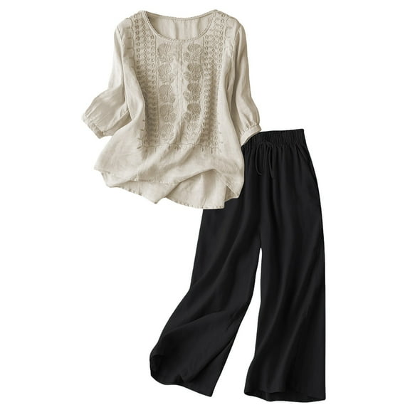 BLOCLOALO 2 Piece Lounge Set 3/4 Sleeve Tops Linen Cotton Set Casual Loose Fit Outfit with Top and Pants Breathable Comfortable Beach Embroidered Tops Floral Printted Tops Classy Lounge Sets Beige L