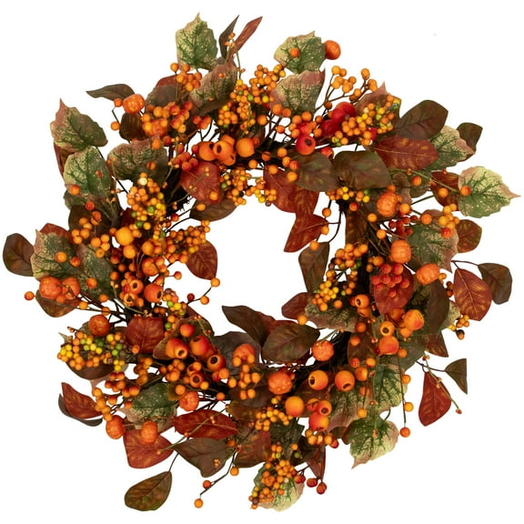 Northlight Mini Gourds and Berries Artificial Fall Harvest Wreath - 24" - Orange and Green - Unlit