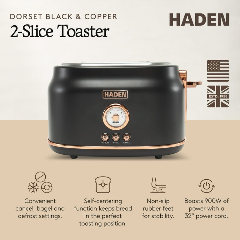 HADEN Dorset Retro-Chic 2-Slice Wide Slot Toaster, Black & Copper