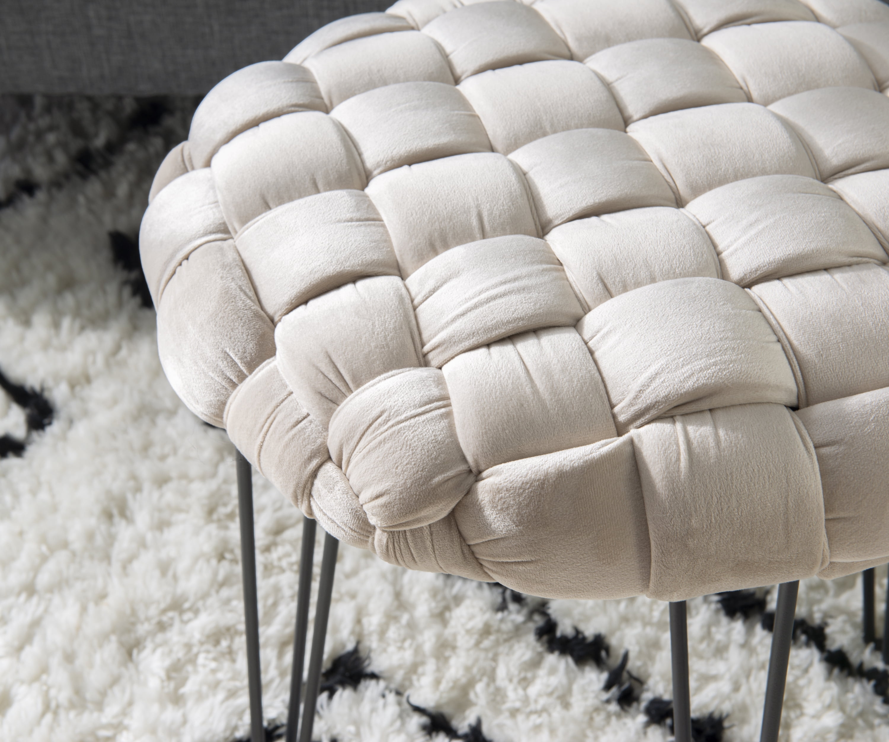 Powell Anya Round Handwoven Velvet Ottoman with Hairpin Legs, Cream