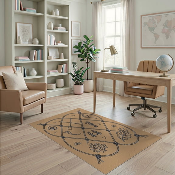 ODIKA 4'x6' Tan Nautical Catch Todays Black Washable Area Rug Intricate Marine Life Motifs With Rope Design Ornamental Pet Friendly, Non-Shedding for Bedroom, Reading Nook