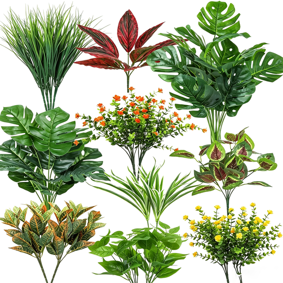 18 Pack Artificial Outdoor Fake Greenery Plants UV resistant faux plants with 10 varieties for window boxes, planters, porch, patio and garden decor