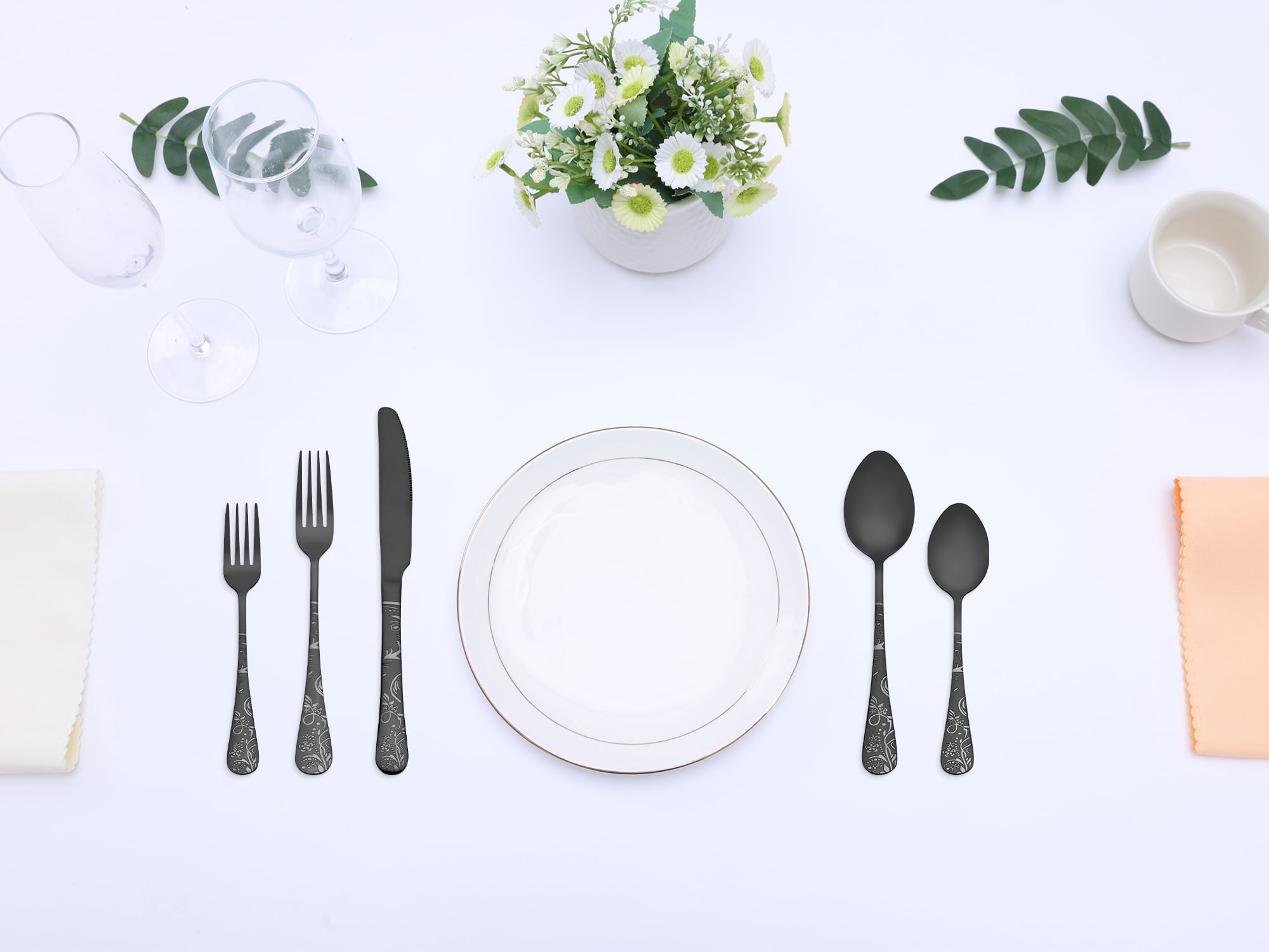 Unique Bargains 20 Piece Stainless Steel Floral Flatware Silverware Set for 4 Black