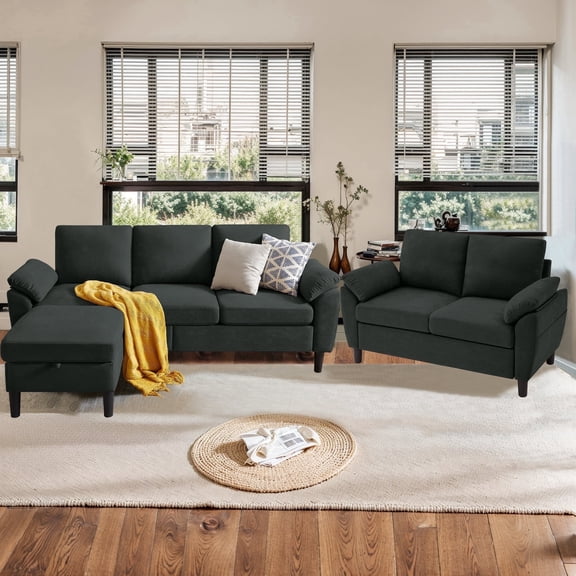 Pingliang Home Modern Sectional Sofa Couch with Storage Ottoman and Loveseat,Double Seater Couch and 3 Seater L Shaped Couch with Side Pockets for Home Living Room Apartment Office Studio