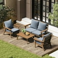 thumbnail image 3 of FOOWIN 4-Piece Patio Furniture Set, HDPE Outdoor Conversation Set with 4 Seating & Cushions, Perfect Patio Sofa Set for Garden, Porch, Backyard, Teak Frame with Grey Cushion, 3 of 6