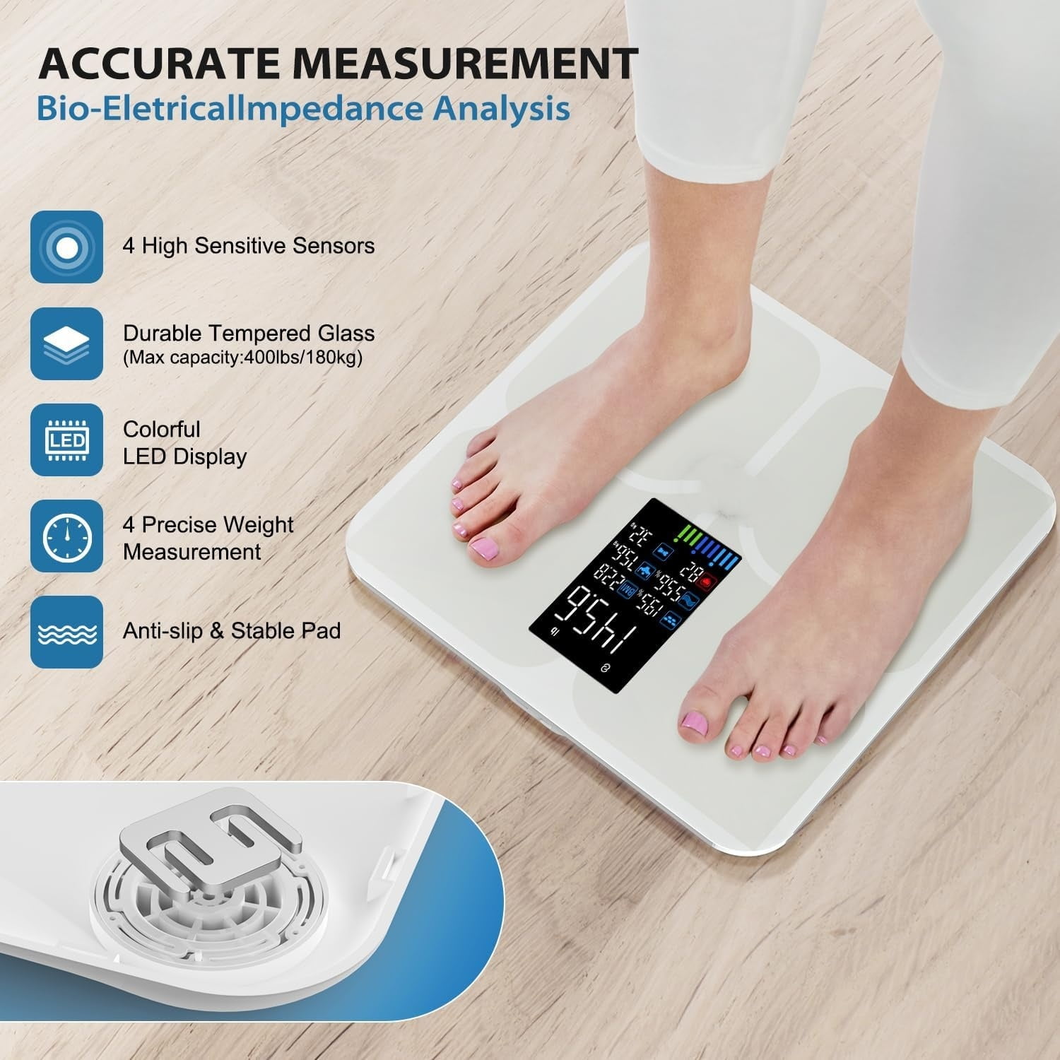 Body Fat Scale,Digital Smart Bathroom Scale for Body Weight, Large Color Display Screen, 16 Body Composition Metrics BMI, Water Weigh, Heart Rate, Baby Mode, 400lb, Rechargeable (White)