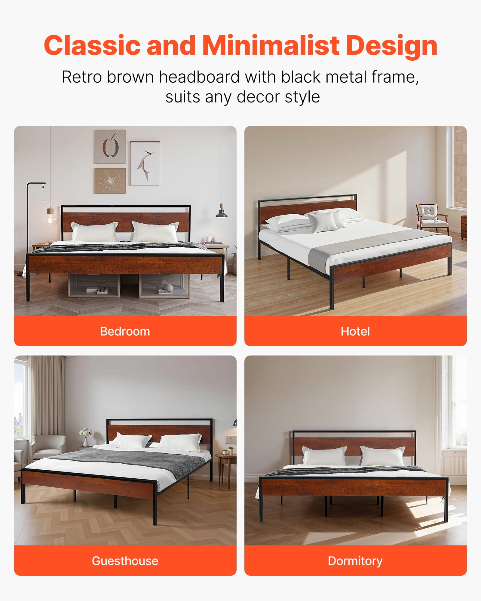 VEVOR King Size Bed Frame, 14 Inch Black Metal Platform Bed Frame with Retro Brown Wooden Headboard and Footboard, Large Under-Bed Storage, Non-Slip Without Noise, No Box Spring Needed, Easy Assembly