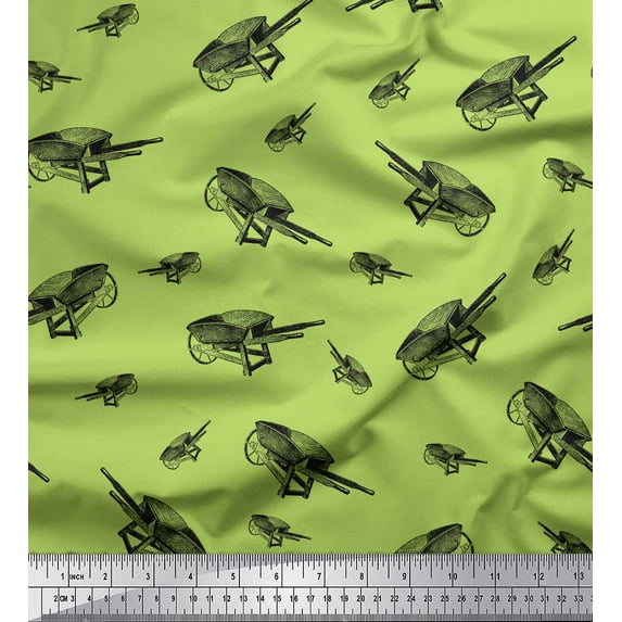 Soimoi Green Poly Georgette Fabric Trolley Garden Accessories Print Fabric by Yard 52 Inch Wide
