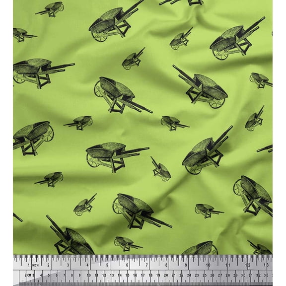 Soimoi Green Japan Crepe Satin Fabric Trolley Garden Accessories Print Fabric by Yard 42 Inch Wide
