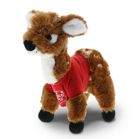 DolliBu I LOVE YOU Plush Standing Deer Small - Cute Stuffed Animal with Red Shirt For Valentine, Anniversary, Romantic Date, Boyfriend, or Girlfriend Gift - 10 Inches