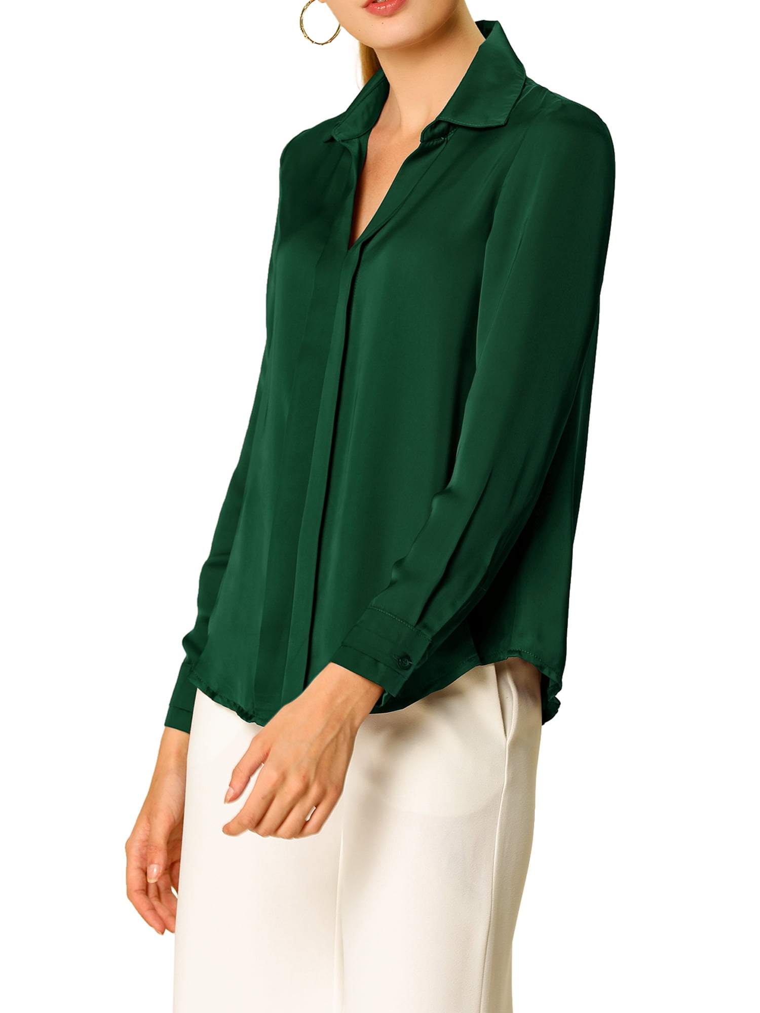DARING DIVA Women's V Neck Classic Work Office Long Sleeve Shirt XS Dark Green