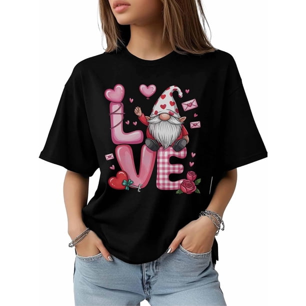 Camiseta de mujer, camisetas de manga corta, camisetas casuales, camisetas de cuello redondo con gnomo de amor para el Día de San Valentín para mujer