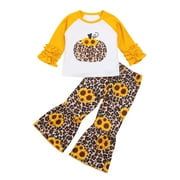 Ehfomius Baby Girl Halloween Fall Outfit Sunflower Leopard Pumpkin Print Long Sleeve Tops Flared Trousers Toddler Clothing