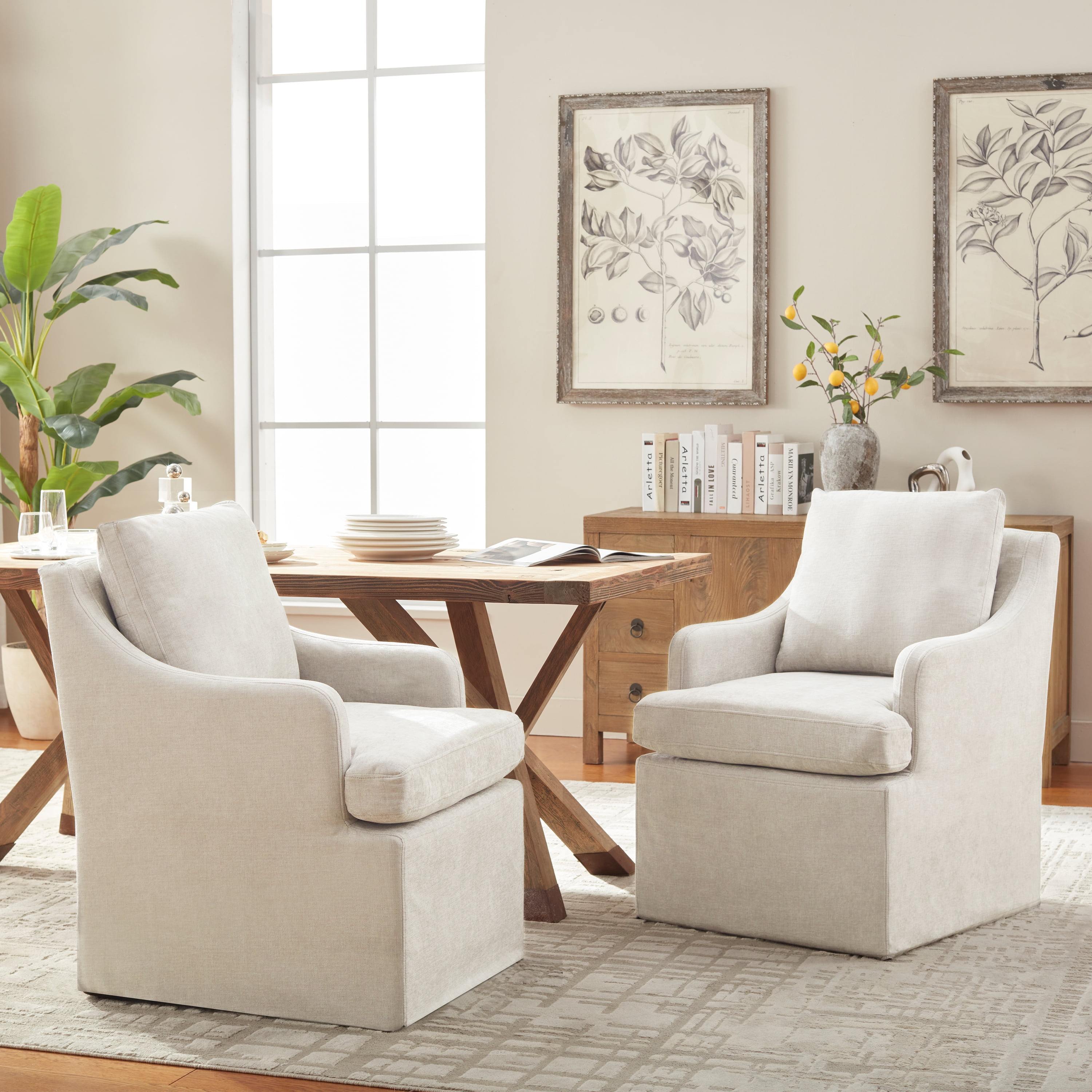 Vknow Furniture Minimalist Upholstered Dining Chairs Set of 2 Ergonomic Comfort Dining Arm Chairs for Dining Room, Living Room, Office,Cream