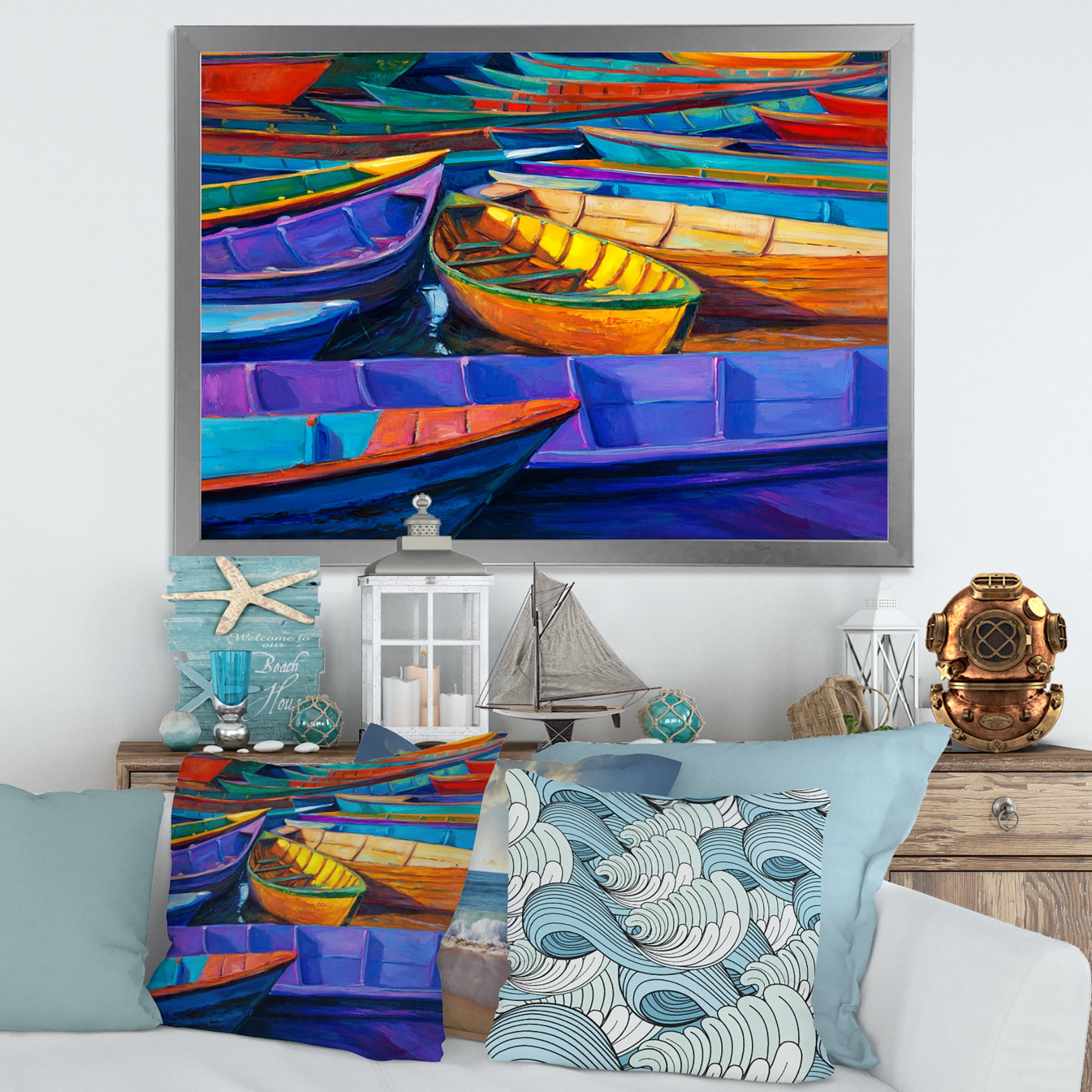 Boats During Warm Sunset Resting On The Water II 32 in x 24 in Framed Painting Canvas Art Print, by Designart