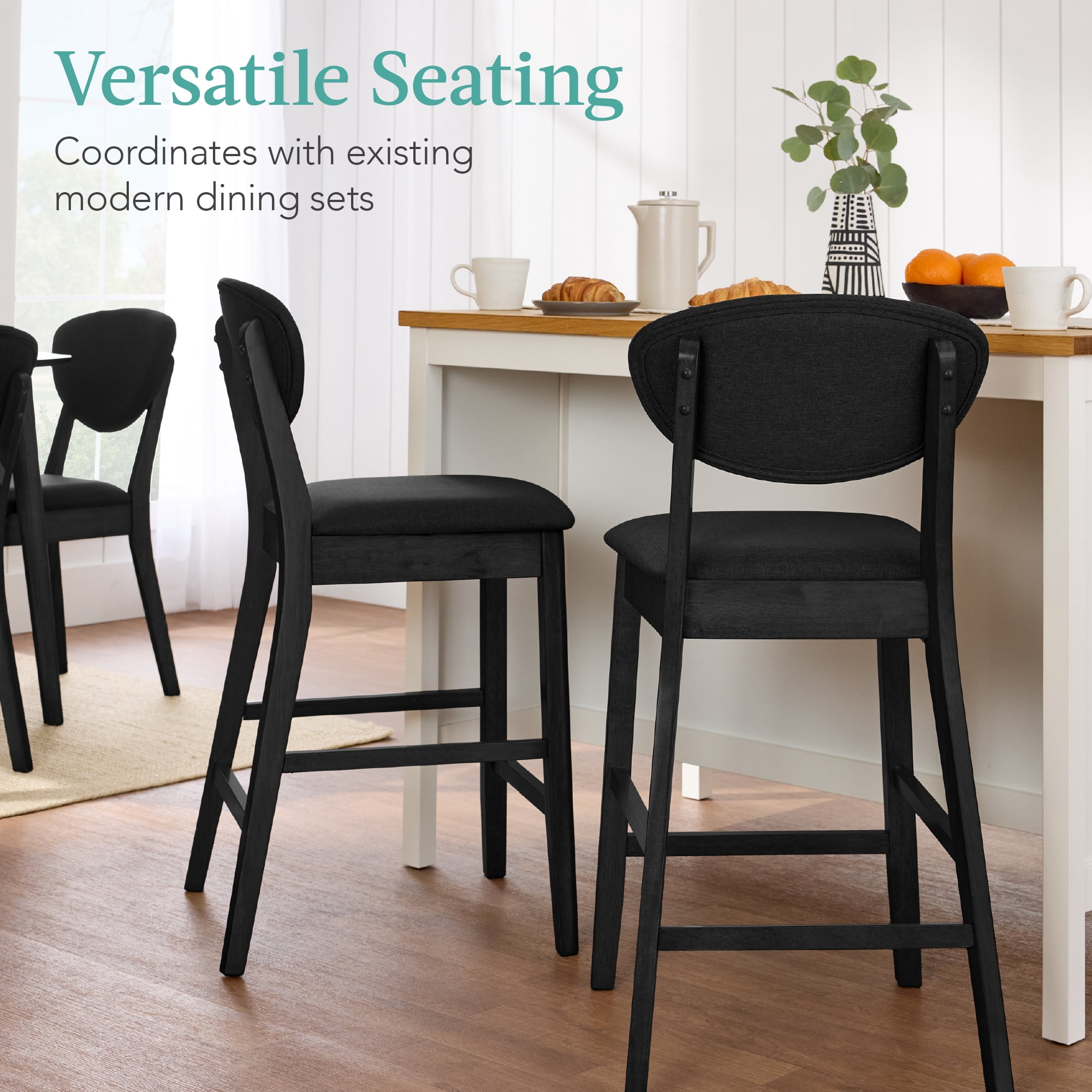 Best Choice Products Set of 2 Counter-Height Bar Stools, Armless W/Upholstered Seat Cushion & Backrest - Black / Black