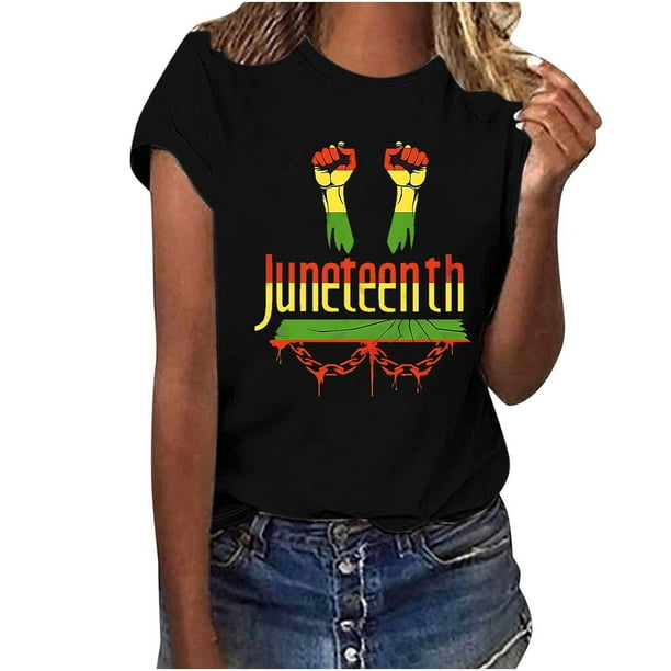 Tops de Manga Corta para las Mujeres de Ajuste Suelto, Día de la Independencia Negro Impreso, Cuello Redondo Suelto Superior