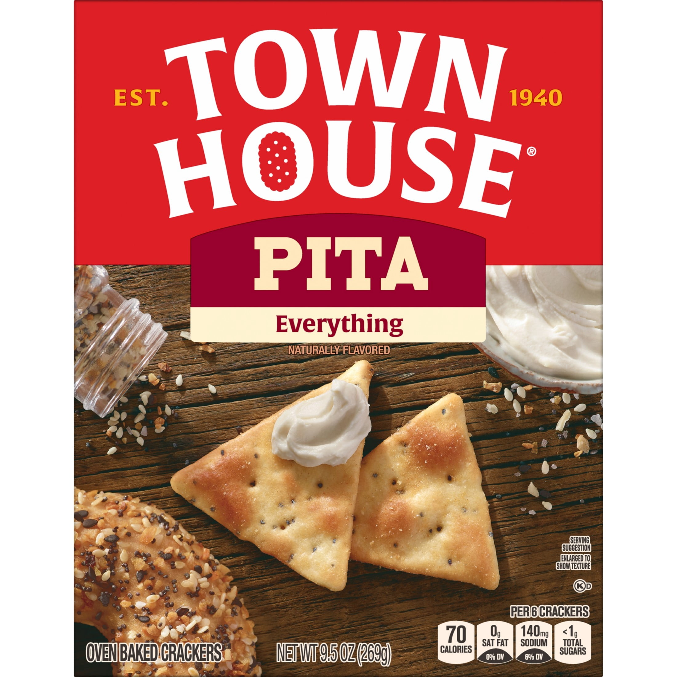 (3 pack) Town House Pita Everything Flavor Oven Baked Crackers, Salty Snacks, 9.5 oz