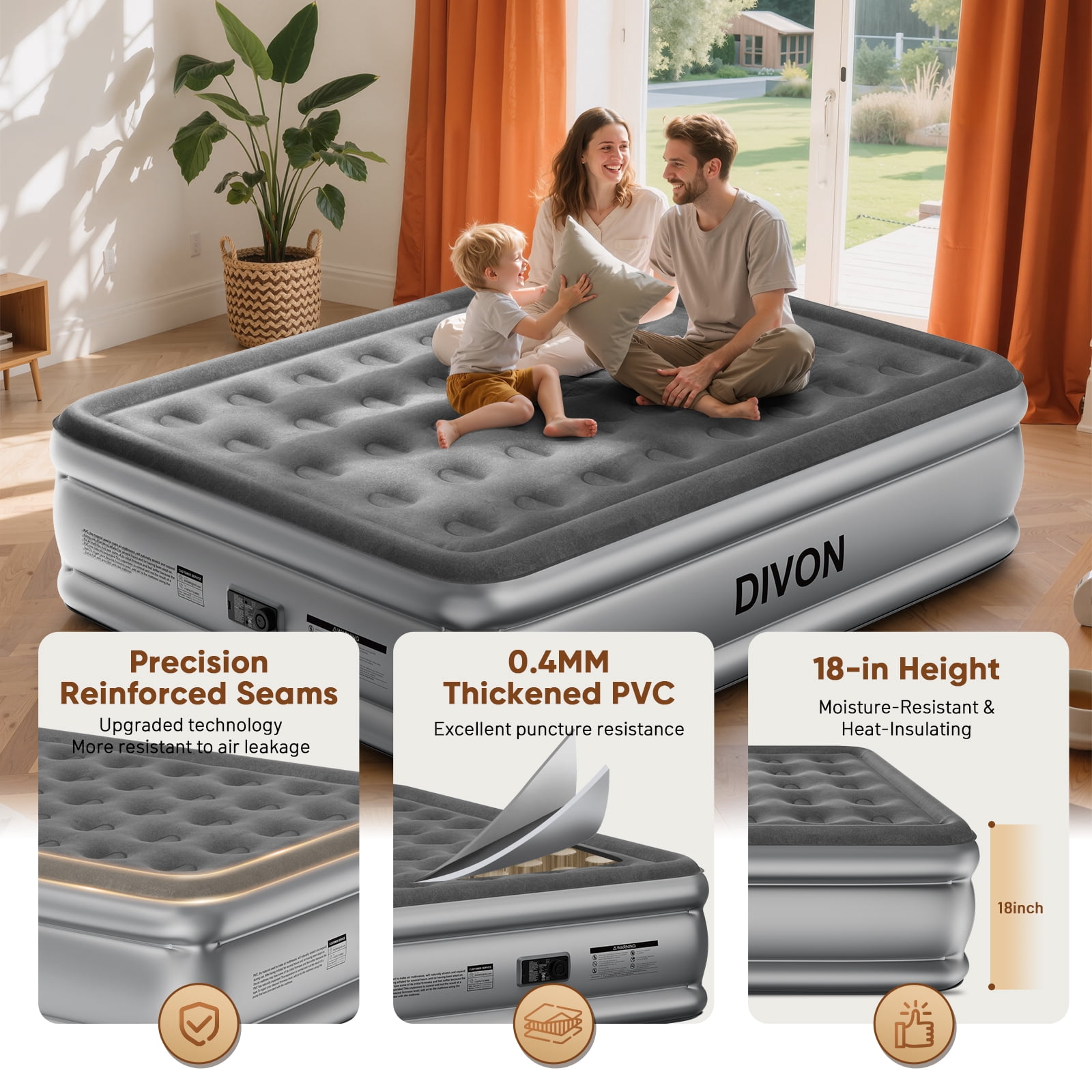 Divon Queen Air Mattress with Built-In Pump, 18-inch Elevated Inflatable Airbed, Portable Blow Up Bed for Guests, Game Night Sleepovers, Gray