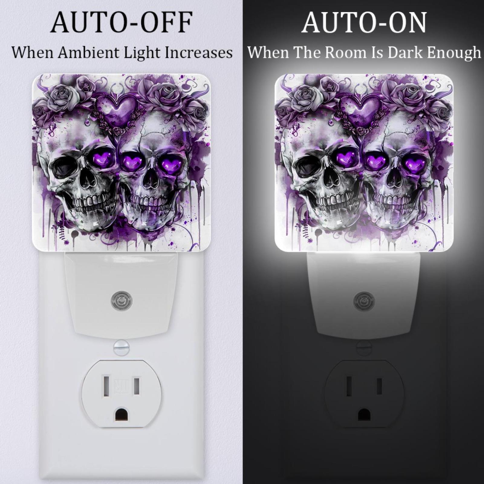 PhooArto Sugar Skull Purple Love Floral Plug in LED Night Light Auto Sensor Dusk to Dawn Decorative Night for Bedroom, Bathroom, Kitchen, Hallway, Stairs, Baby's Room, Energy Saving