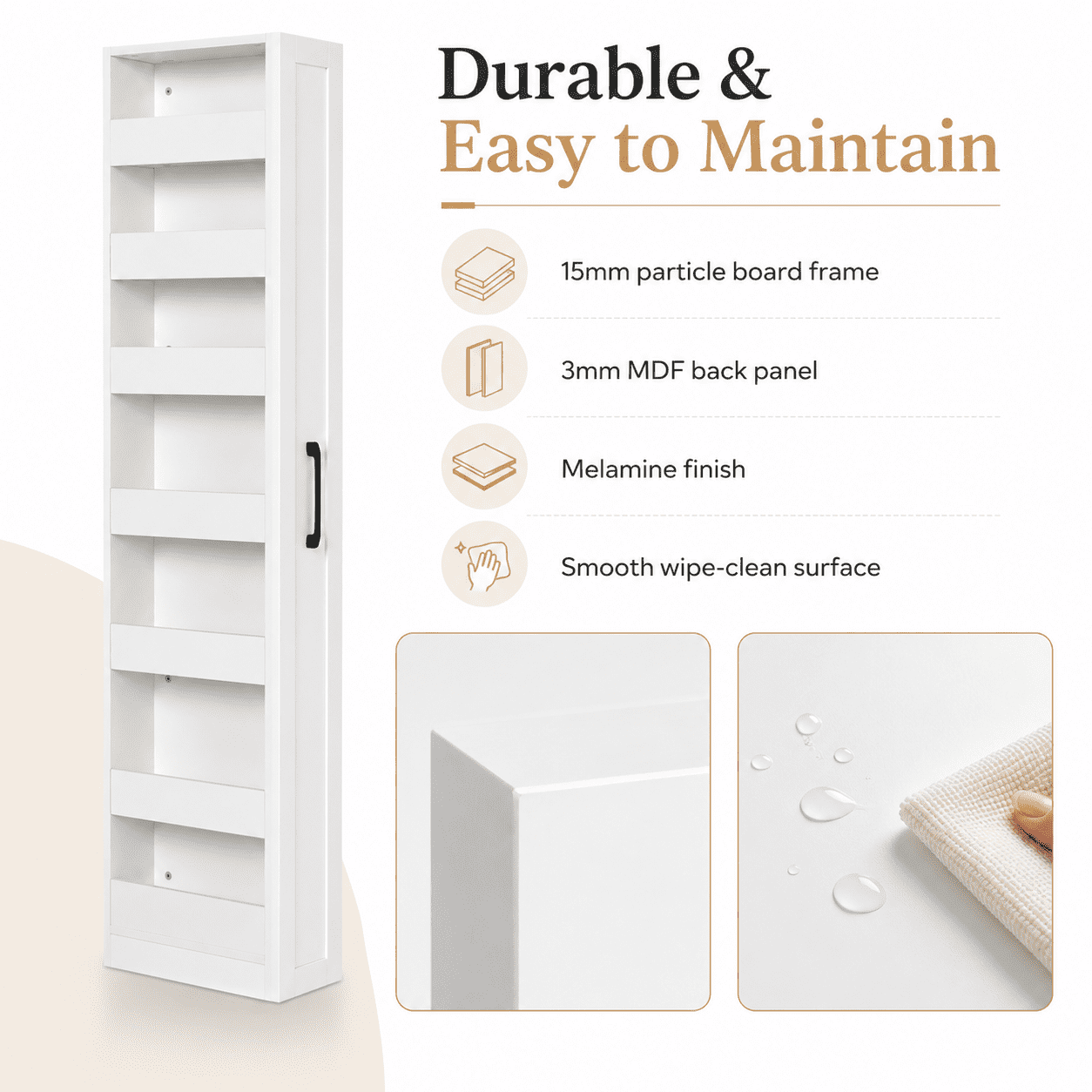 Aukfa 7-Tier Slim Rolling Pantry Cabinet, 68.3" Narrow Pull-Out Kitchen Storage Cart with Handle and Casters,White