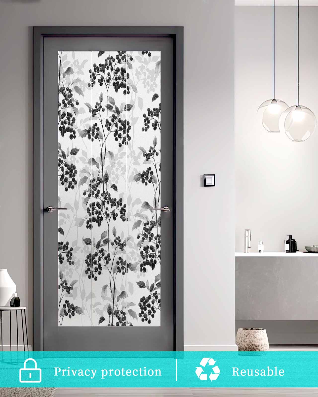 Window Privacy Film Black Gray Botanical Stained Glass Window Film Decorative Sun Block Window Cover Vintage Nature Flower Window Clings Static Adhesive Sticker for Bathroom 17.7"x39.3"