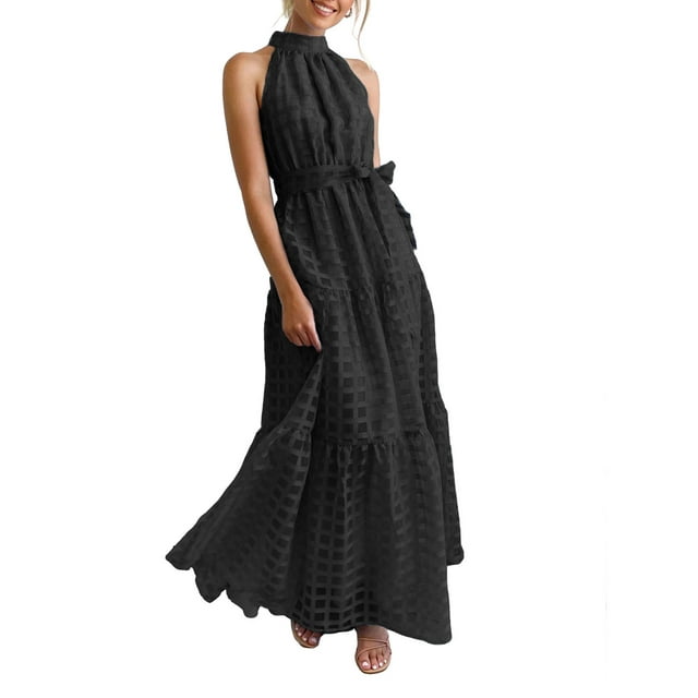 SUNSIOM Robe Longue pour Femme, Élégante Robe d'Été Sans Manches à Col Roulé à Carreaux, Robe Évasée, Robe de Cocktail avec Ceinture