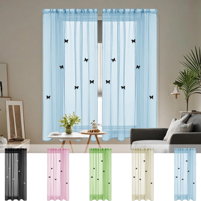 Uscallm 5Pcs Solid Color Sheer Curtains For Holiday Parties, Double-Layered Stereoscopic Butterfly Brooch Accessories, Polyester Rod Pocket Window Curtains For Home Everyday Decoration, 39.37x51.18