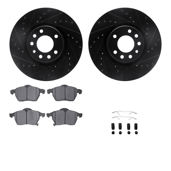 Dynamic Friction Company Front Brake Rotors-Drilled and Slotted-Black with 5000 Advanced Brake Pads includes Hardware 8512-65009