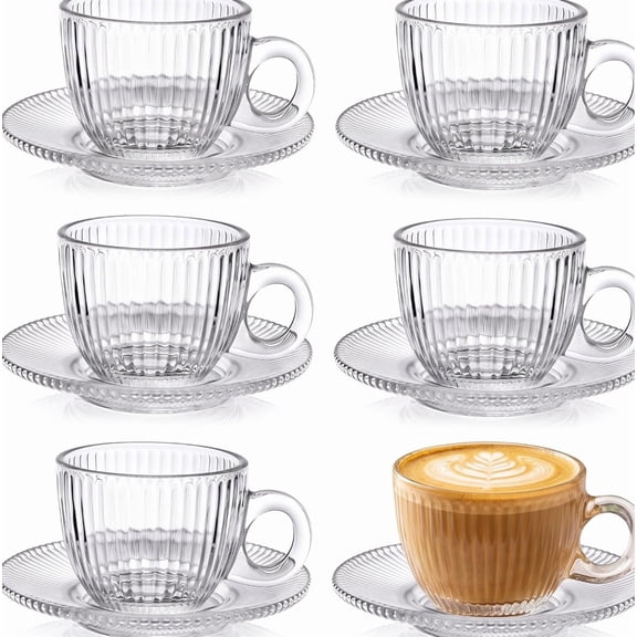 6 Sets of Glass Tea Cups with Saucers Vintage Coffee Mugs Clear Espresso Cup