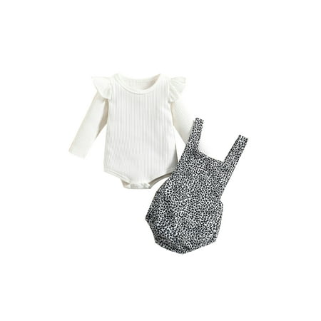 

Binpure Baby Girls 2PCS Rompers Long Sleeve Plain Color Ribbed Crew Snap Romper + Sleeveless Leopard Adjustable Button Straps Romper