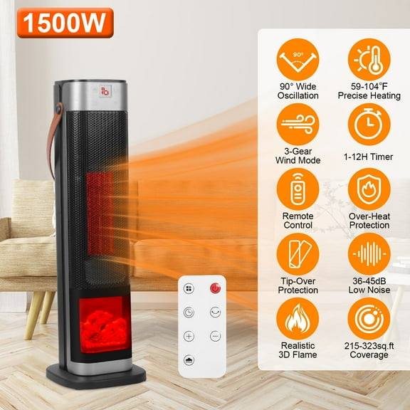 Moclever 1500W Portable Ceramic Electric Heater, Oscillating Tower Space Heater with 3D Flame, 3 Wind Modes Remote Control 12H Timer Overheat Tip-Over Protection for Bedroom Office, Black