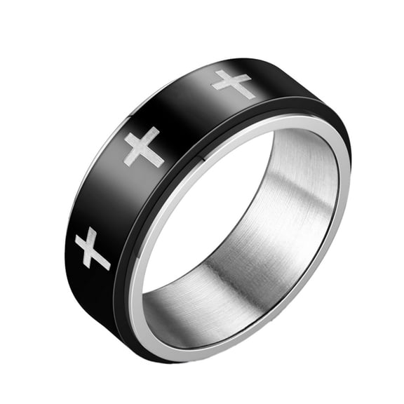 PAURO Men Stainless Steel Cross Spinner Ring Christian Jesus Christ Thumb Jewelry Spinning Band Silver Plated Black Size 6