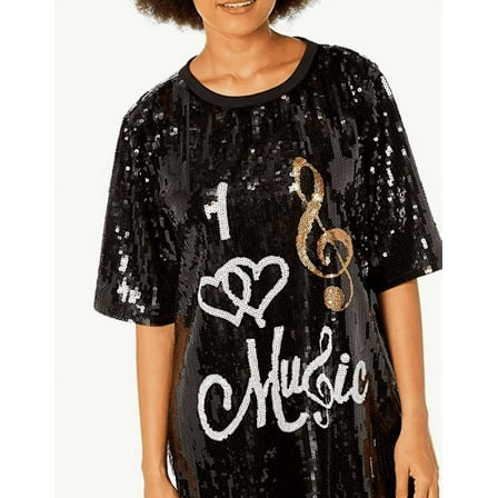 2Chique Boutique Women's Sequin T Shirt Dress I Love Music Treble Clef One Size Black