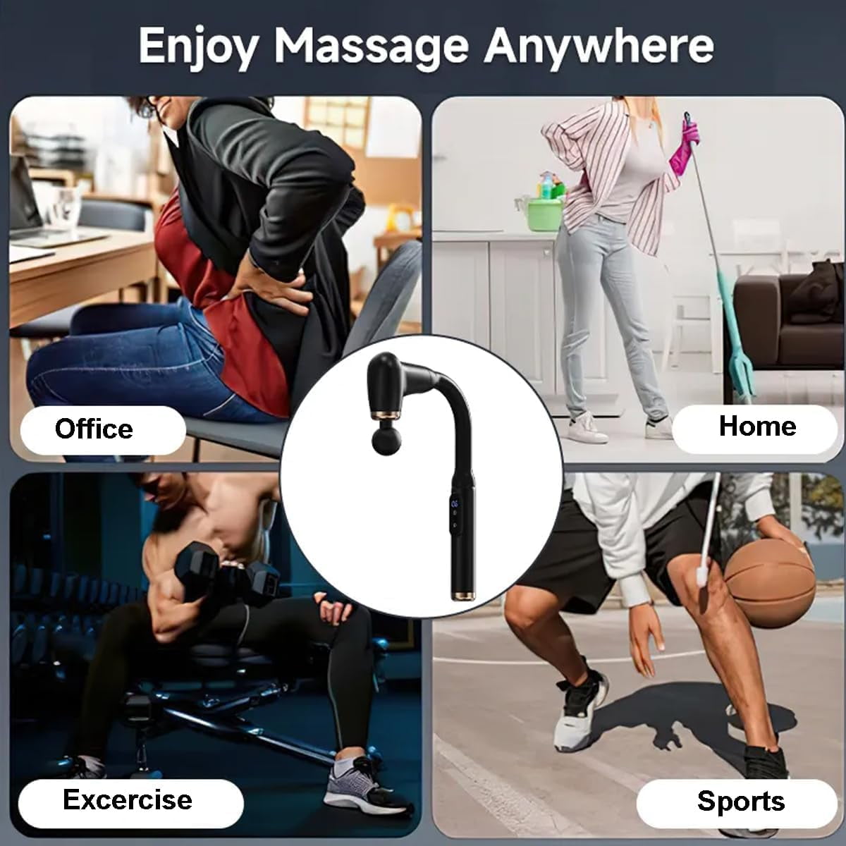 Deep Tissue Back & Muscle Massager with Long Handle – Handheld Electric Massage Gun with LCD Display, 4 Heads & Multi‑Speed Settings – Pain Relief for Neck, Shoulders, Back & Feet