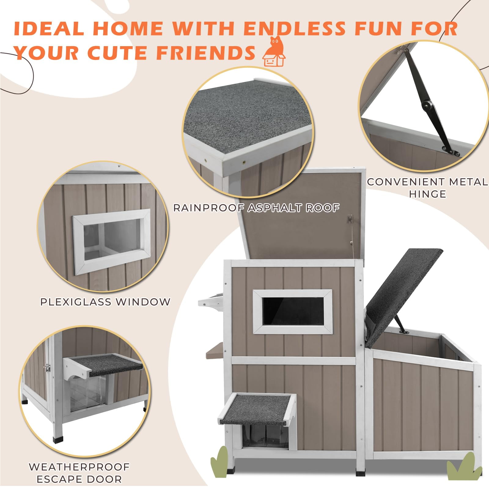 Gowoodhut 36.1" L Outdoor Cat House, 2 Story Wooden Outdoor Cat Shelter with 3 Escape Doors