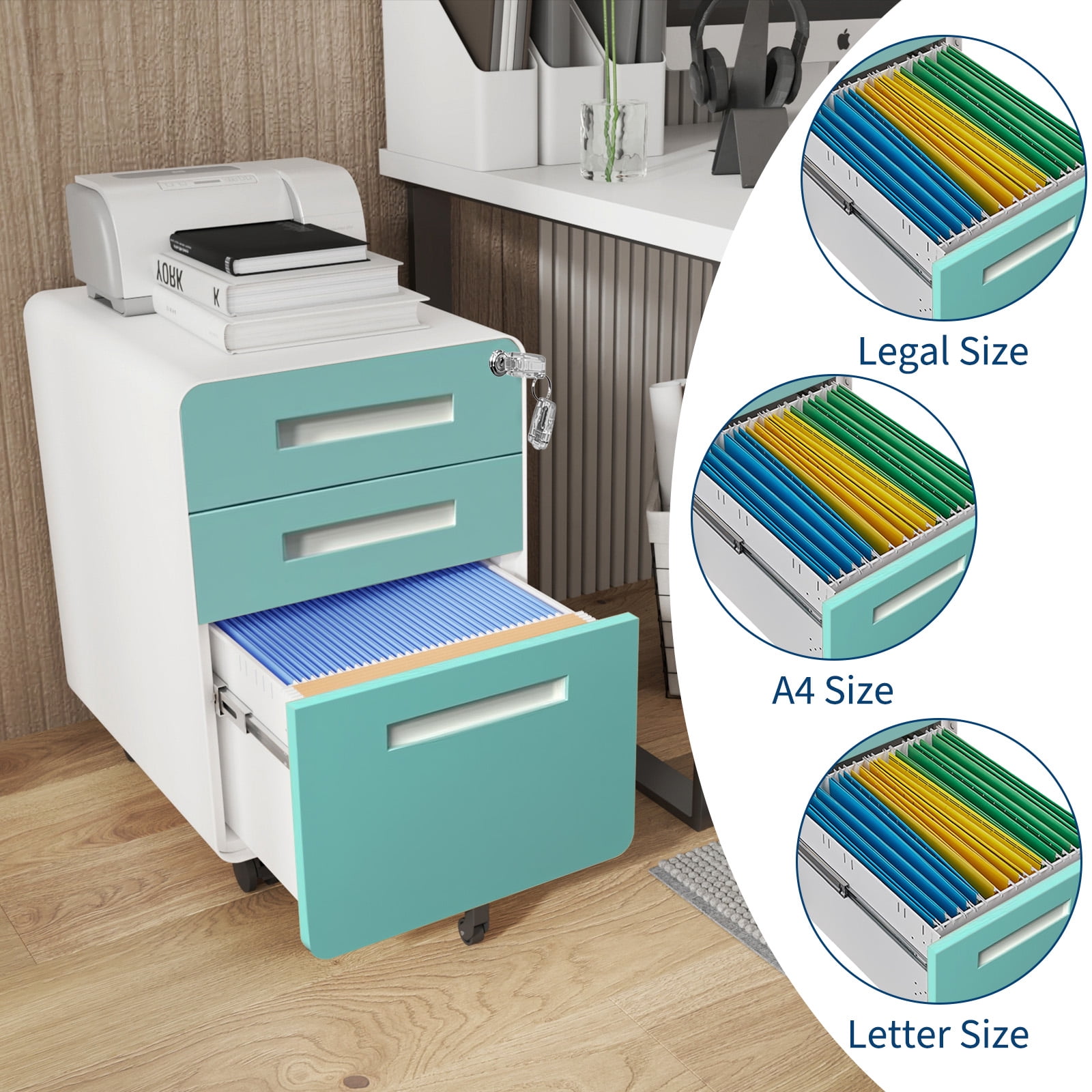 Towallmark Secure 3 Drawer Metal File Cabinet with Lock – Fully Assembled Mobile Filing Cabinet for Home Office, Anti-Tilt 5 Wheels, Under Desk Storage for A4/Letter/Legal Size – Blue