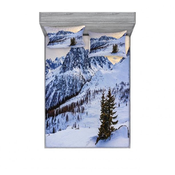 Mountain Bedding Set with Sheet & Covers, Landscape of Snowy Mountain at Sunset Pine Trees