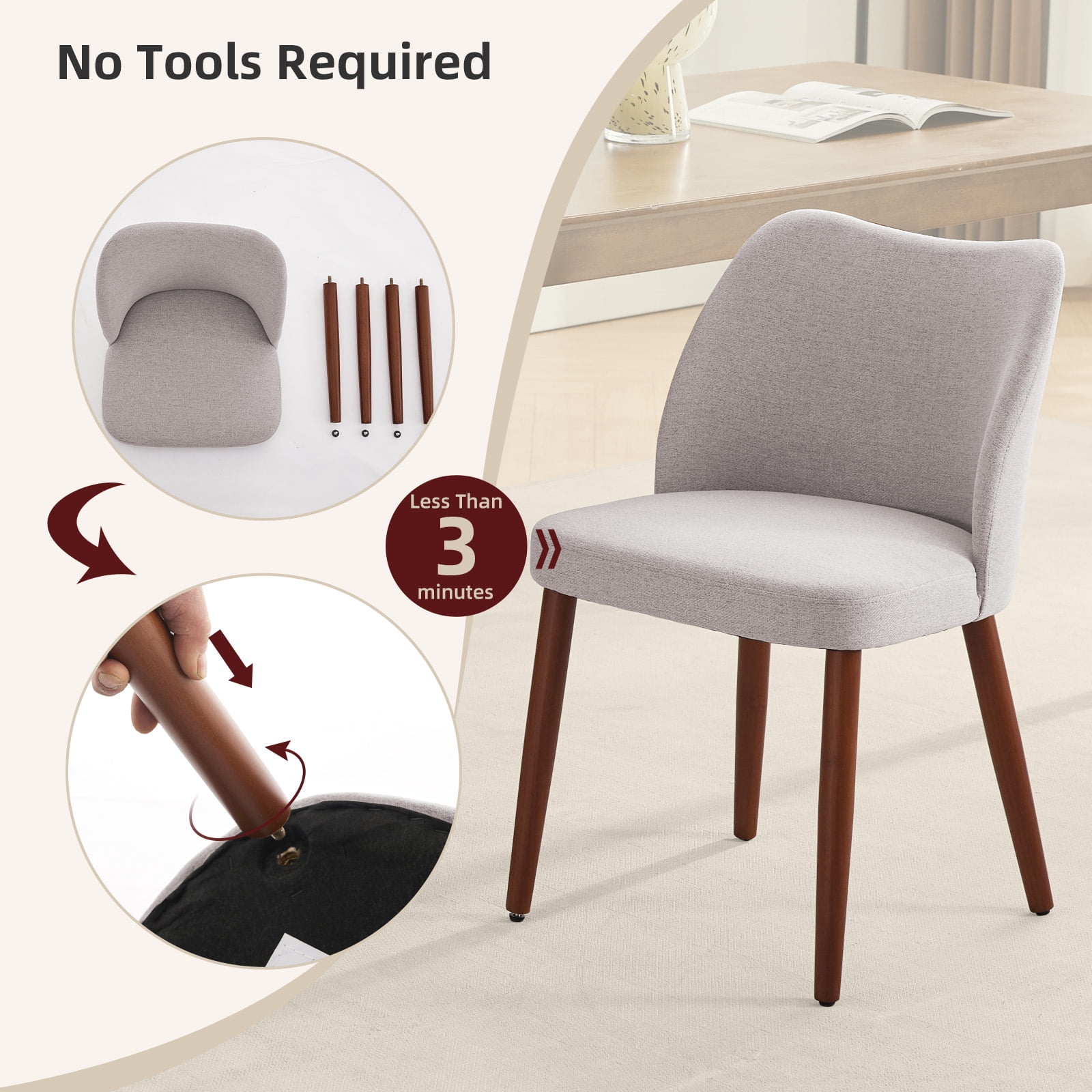 OUTGOODS Set of 2 Modern Dining Chairs, Linen Upholstered, Wood Legs