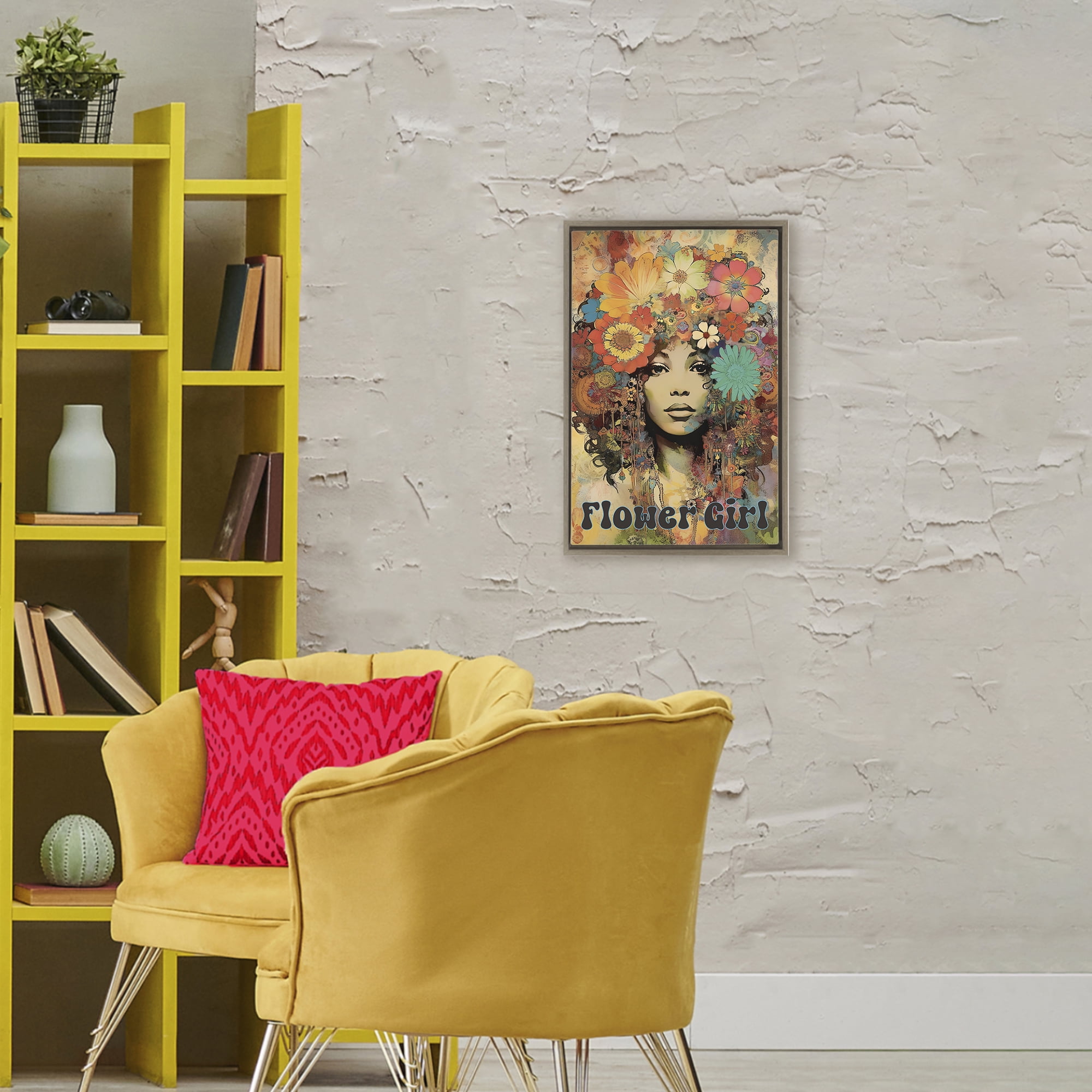 Bohemian Flower Girl Brown Framed Floater Canvas Wall Art, design by Sasha
