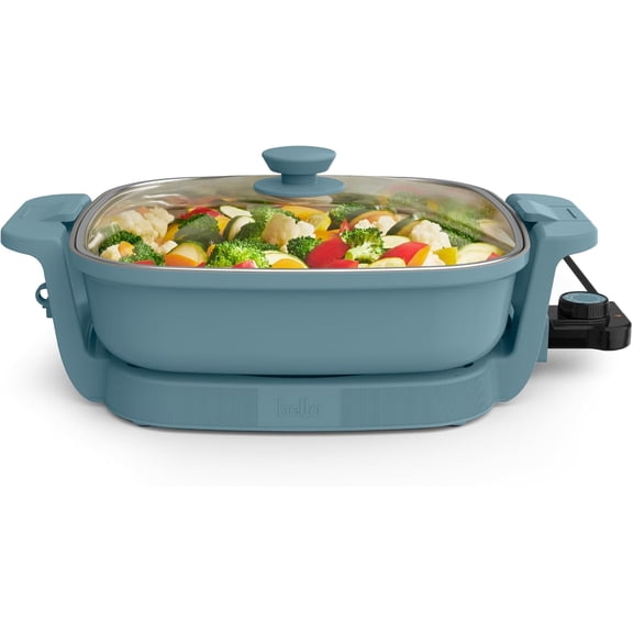 Make & Take Electric Skillet, Fits-anywhere™ kitchenware, EverGood™ Ceramic Coating, Adjustable Temperature & Dishwasher-Safe Tempered Glass Lid, Cast Aluminum Base, 1200 Watt, Surf
