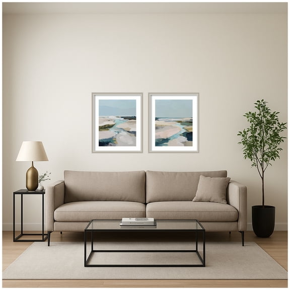 Kate and Laurel Oceanside III & IV 2 Piece Framed Wall Art Print Set by Amy Lighthall, Florence Silver Modern Contemporary, Abstract Art for Wall Decor
