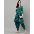 thumbnail image 3 of Janasya Indian Women's Peacock Green Crepe Foil Print Kurta with Dhoti Pant, 3 of 9